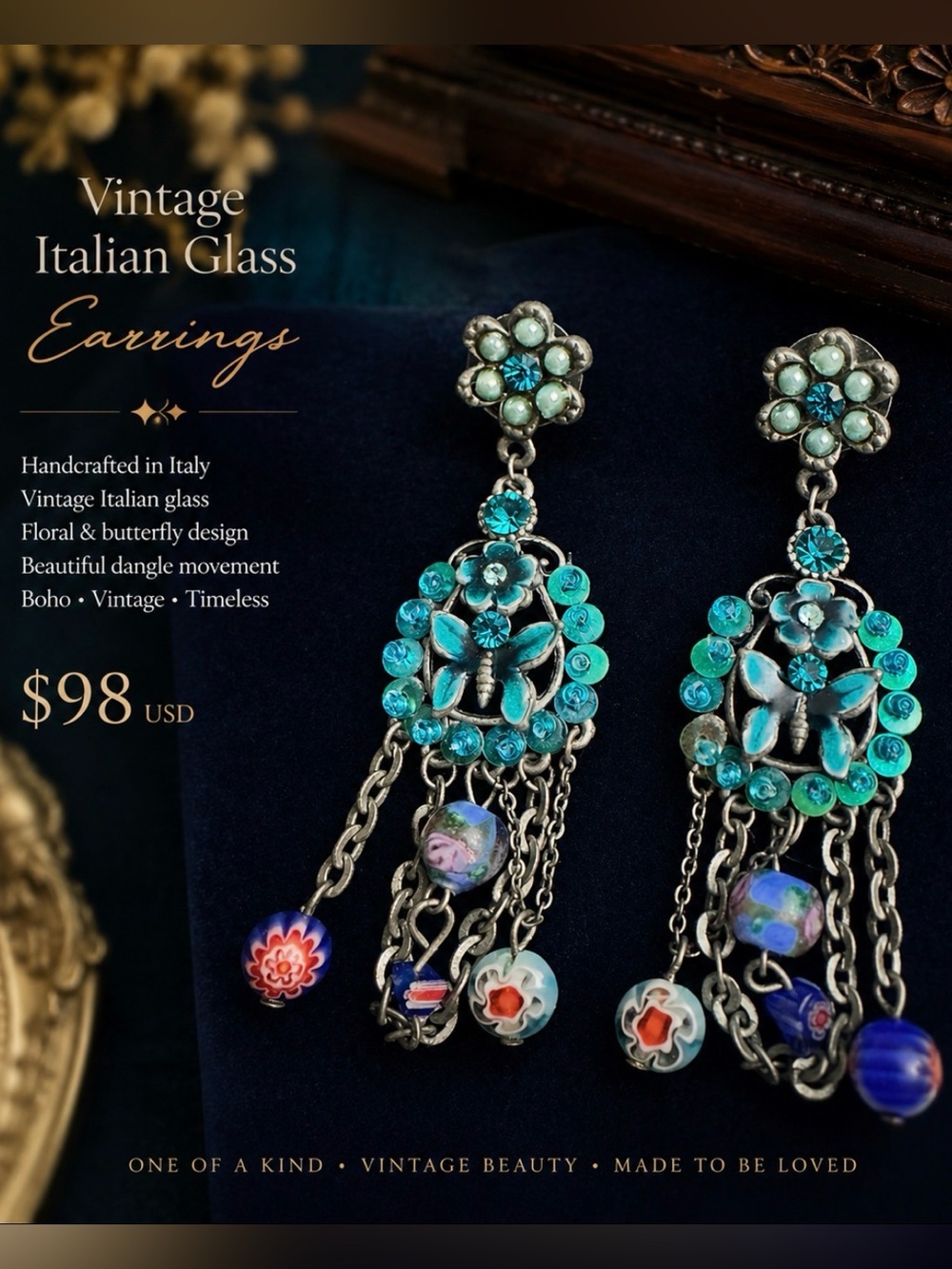 Artisan Turquoise and Aqua Dangle Earrings with Floral Accents